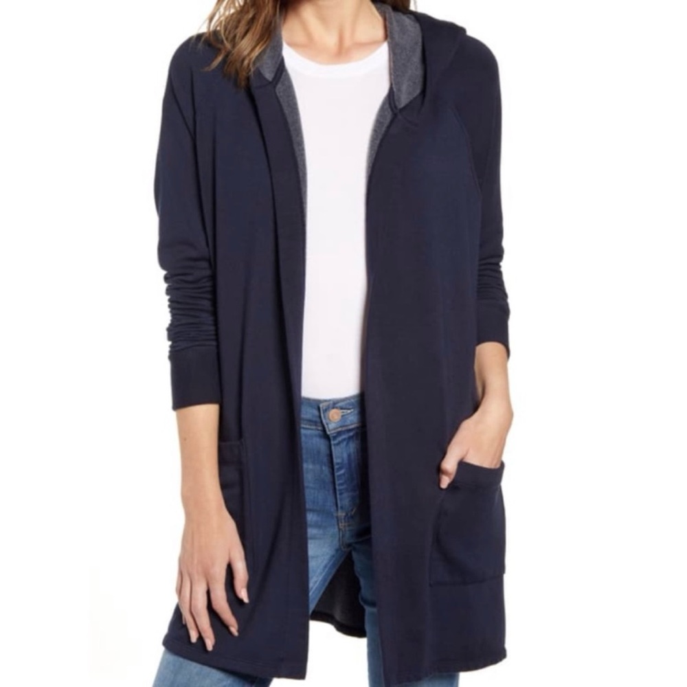 Anthro Stateside Longline Fleece Hooded Sweatshirt Jacket – Navy – Size S